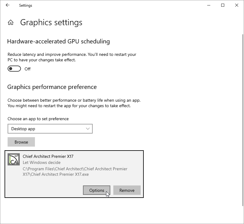 Select the program and click Options