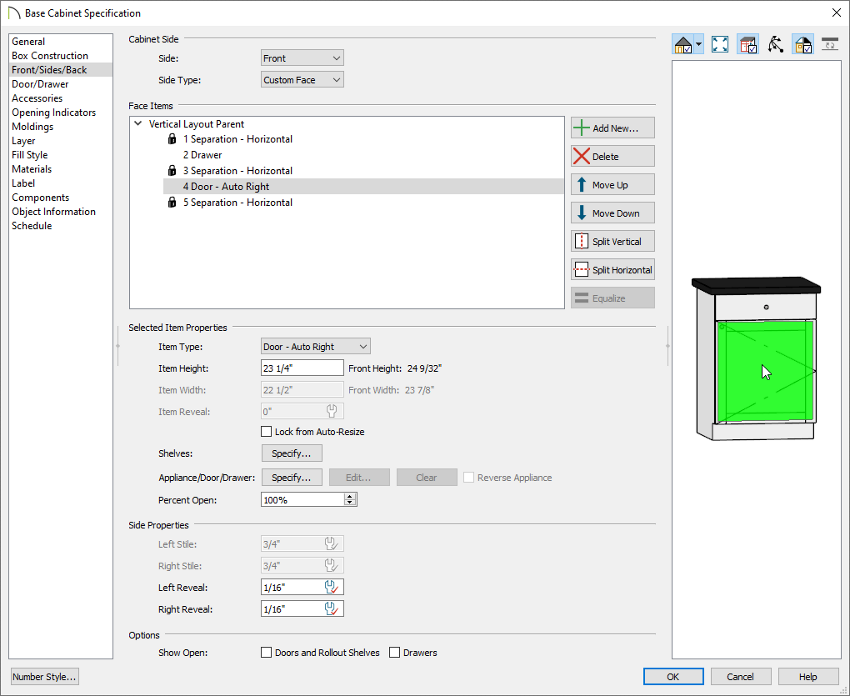 Front/Sides/Back panel of the Base Cabinet Specification dialog