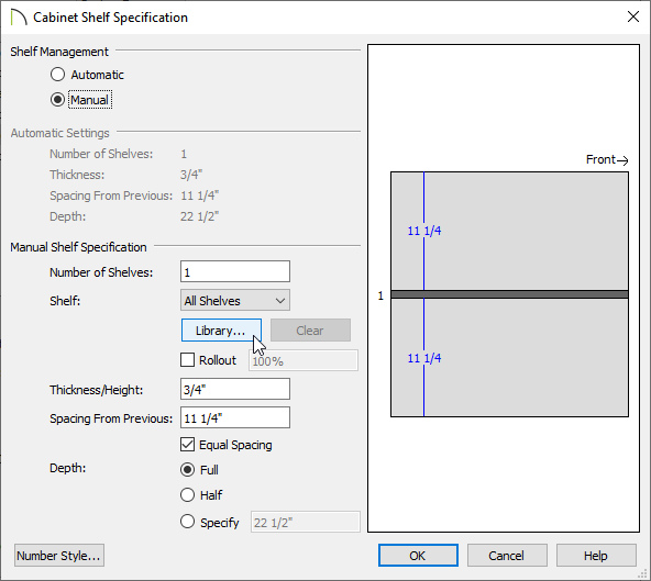 Cabinet Shelf Specification dialog