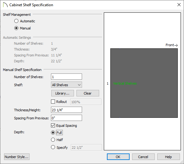 Cabinet Shelf Specification dialog