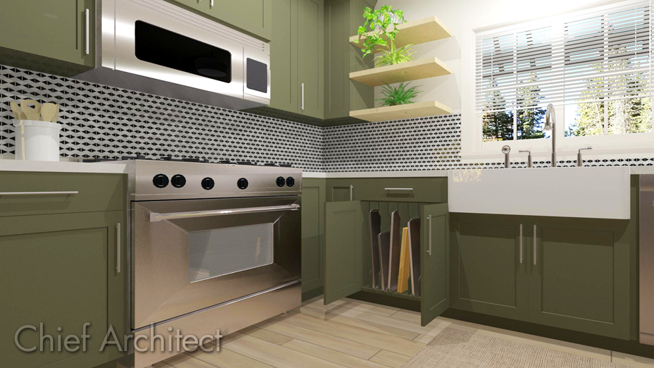 Kitchen with a base cabinet containing vertical shelves