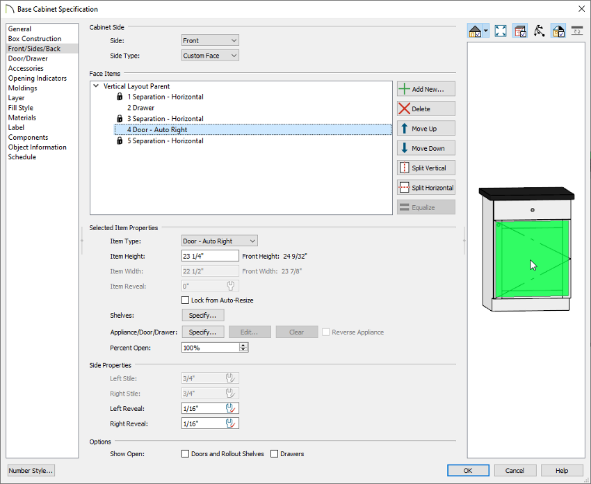 Front/Sides/Back panel of the Base Cabinet Specification with the cabinet door face item selected
