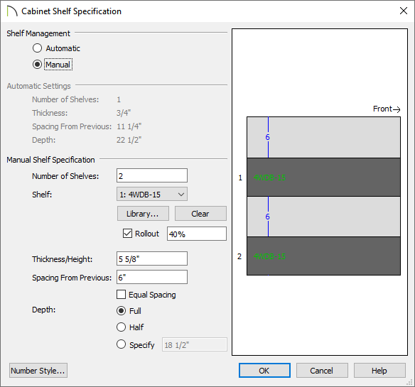 Cabinet Shelf Specification dialog