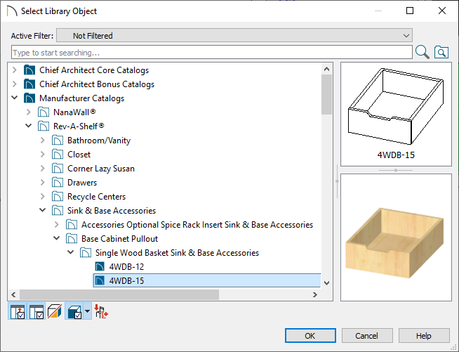 Select Library Object dialog where the 4WDB-15 symbol is selected