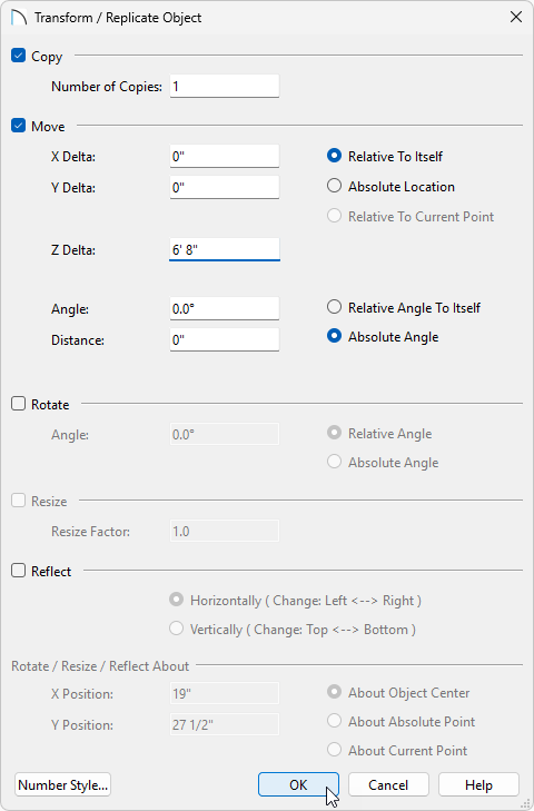 The Transform/Replicate dialog.