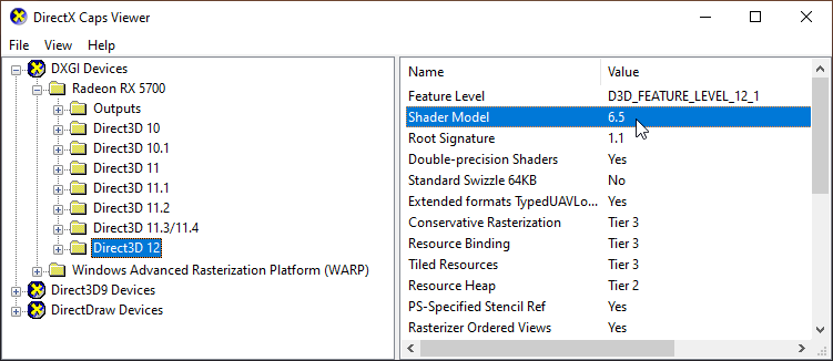 DirectX Caps Viewer utility with the Direct3D 12 folder selected for the video card