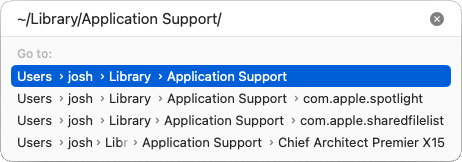 Go to Folder dialog with ~/Library/Application Support/ in the field