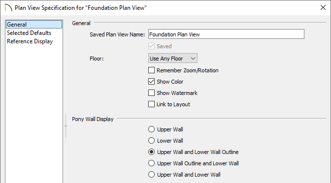 General panel of the Plan View Specification dialog