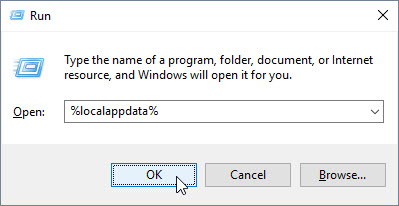 Run dialog with %localappdata% entered in the Open field