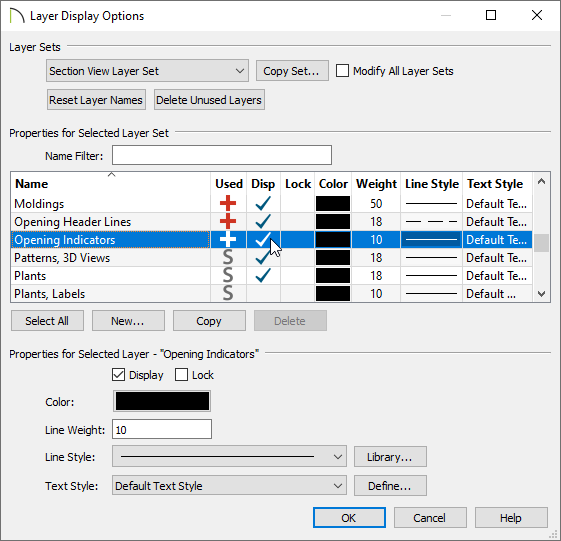 Layer Display Options dialog with the Opening Indicators layer displayed