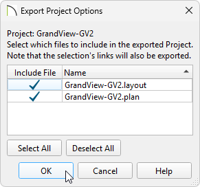Export Project Options dialog where files can be included/excluded