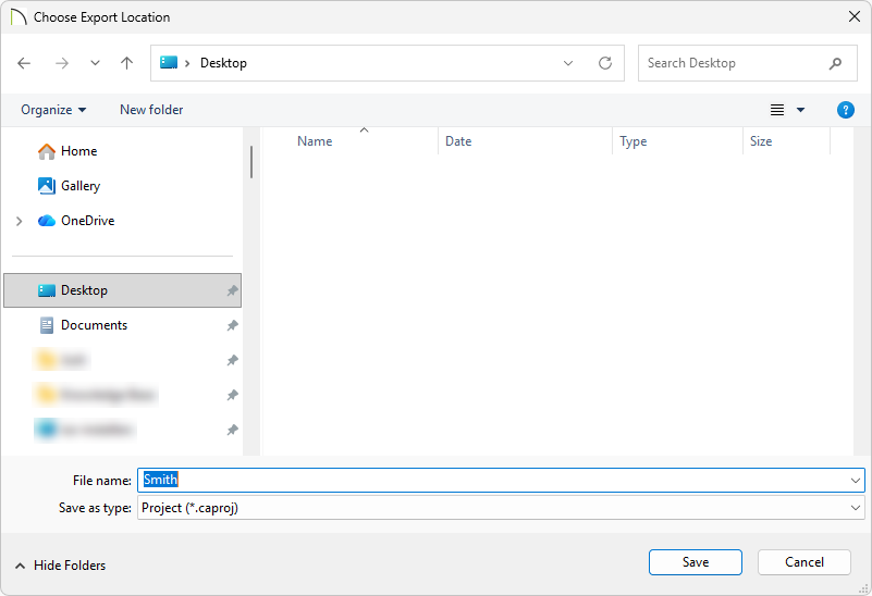Choose Expore Location dialog where a file name can be specified