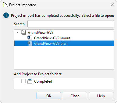 Project Imported dialog displaying the files that were imported