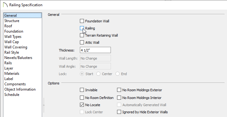 General panel of the Railing Specification dialog