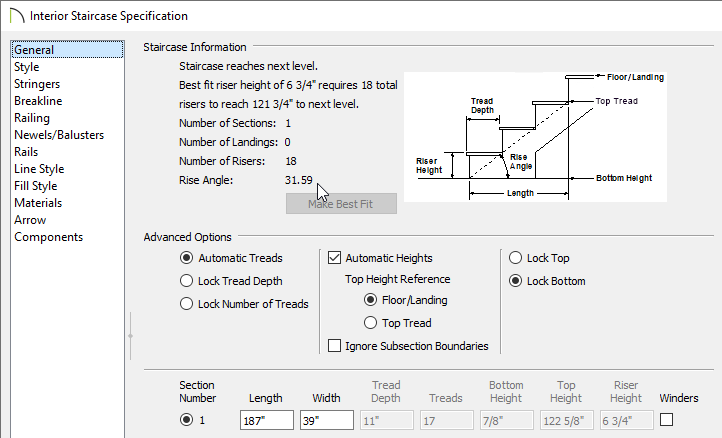 General panel of the Staircase Specification dialog