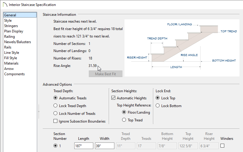 General panel of the Staircase Specification dialog