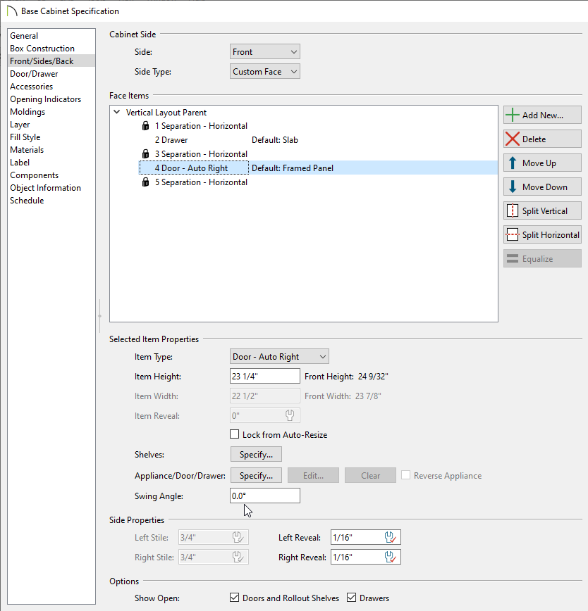 Front/Sides/Back panel of the Cabinet Specification dialog