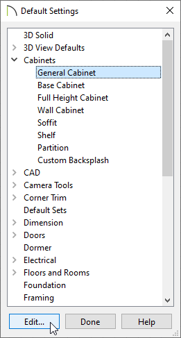 Default Settings dialog with General Cabinet selected