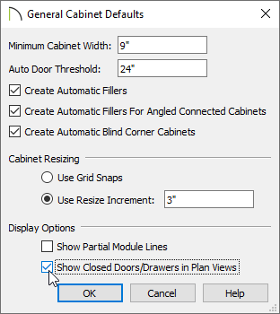 General Cabinet Defaults with Show Closed Doors/Drawers in Plan Views checked
