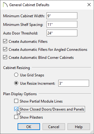 General Cabinet Defaults with Show Closed Doors/Drawers and Panels checked