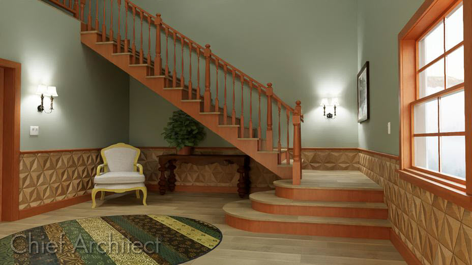 Foyer with a staircase and chair. Rendering of a staircase with custom starter treads.