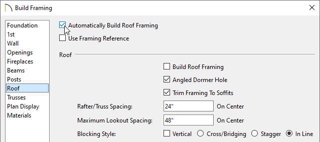 Roof panel of the Build Framing dialog