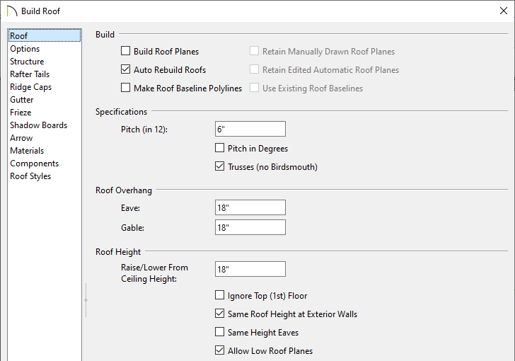 Specifying the roof settings within the Build Roof dialog