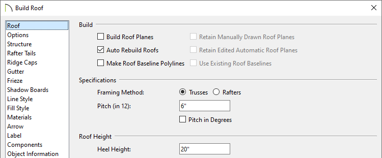 Roof panel of the Build Roof dialog