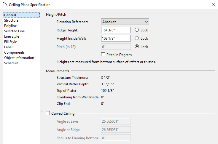 General panel of the Ceiling Plane Specificationd dialog