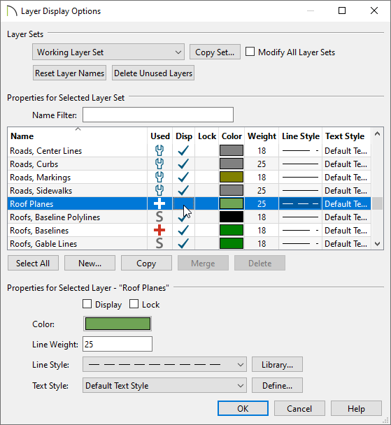 Turning off the display of the Roof Planes layer using the Layer Display Options