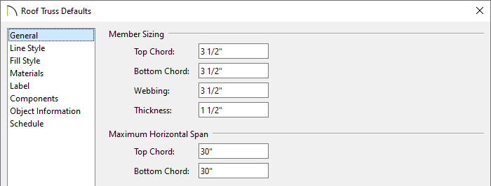 General panel of the Roof Truss Defaults dialog