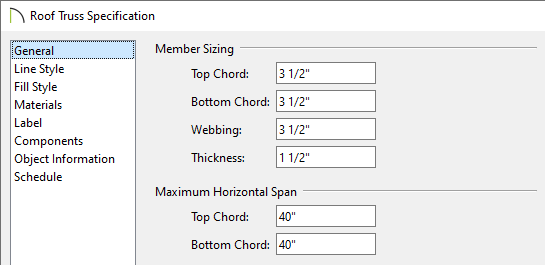General panel of the Roof Truss Specification dialog