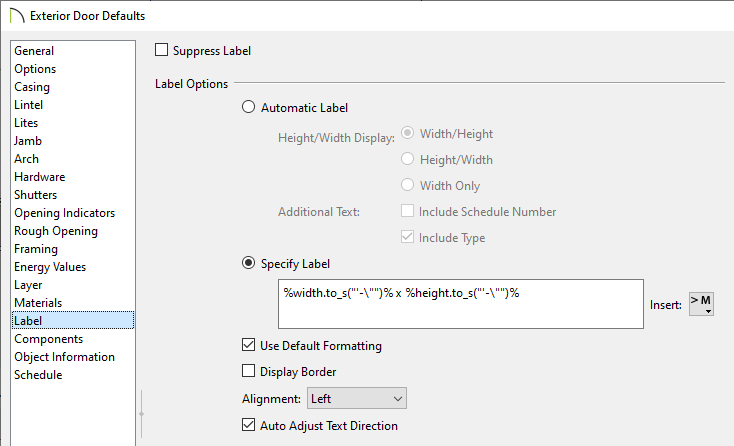 Label panel of the Exterior Door Defaults dialog