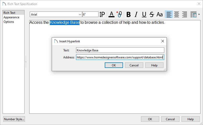 Insert Hyperlink dialog where the highlighted text and Address are specified