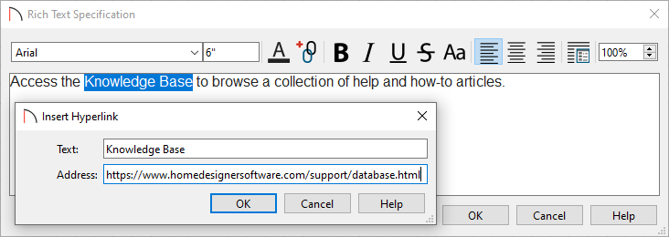 Insert Hyperlink dialog where the highlighted text and Address are specified