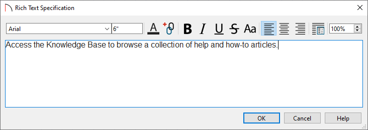 Text entered in the Rich Text Specification dialog