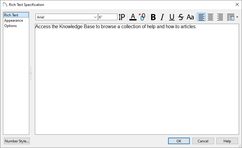 Text entered in the Rich Text Specification dialog