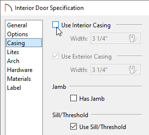 Removing checks from the Use Interior Casing and Has Jamb boxes on the Casing panel of the Interior Door Specification dialog