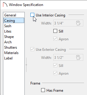 Removing checks from the Use Interior Casing, Sill, and Has Frame boxes on the Casing panel of the Window Specification dialog