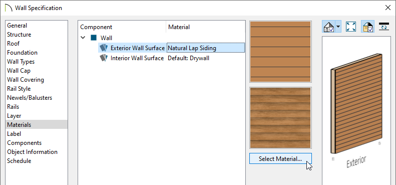 Materials panel of the Wall Specification dialog