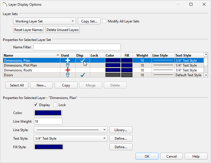 Mouse pointer in the Disp column of the Layer Display Options dialog