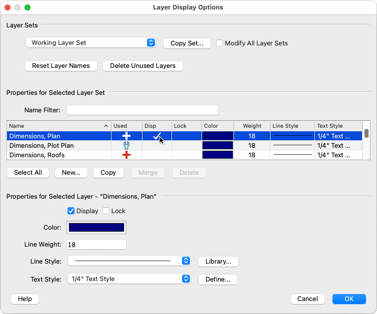 Mouse pointer in the Disp column of the Layer Display Options dialog