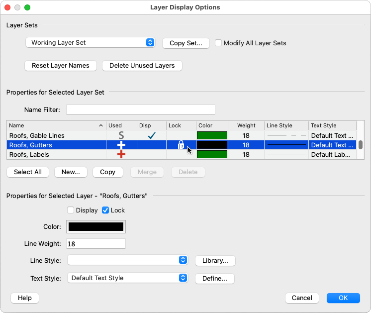 Locked "Roofs, Gutters" layer selected in the Layer Display Options dialog