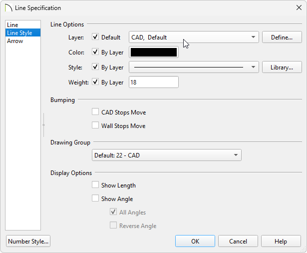 Layer drop down in the Line Style panel of the Line Specification dialog