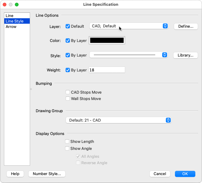 Layer drop down in the Line Style panel of the Line Specification dialog