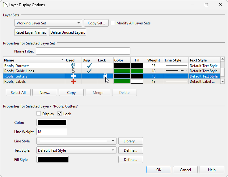 Locked "Roofs, Gutters" layer selected in the Layer Display Options dialog
