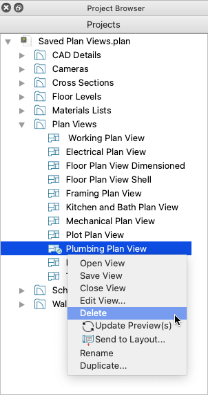 Cursor over the Delete option in the contextual menu of a Saved Plan View in the Project Browser