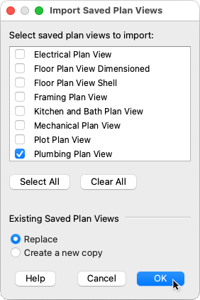 Plumbing Plan View selected for import in the Import Saved Plan Views dialog