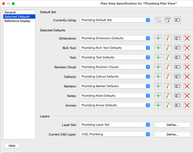 Selected Defaults panel of the Plan View Specification dialog