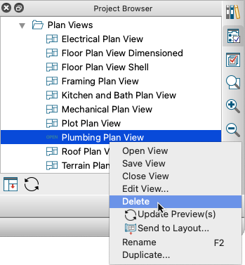 Cursor over the Delete option in the contextual menu of a Saved Plan View in the Project Browser